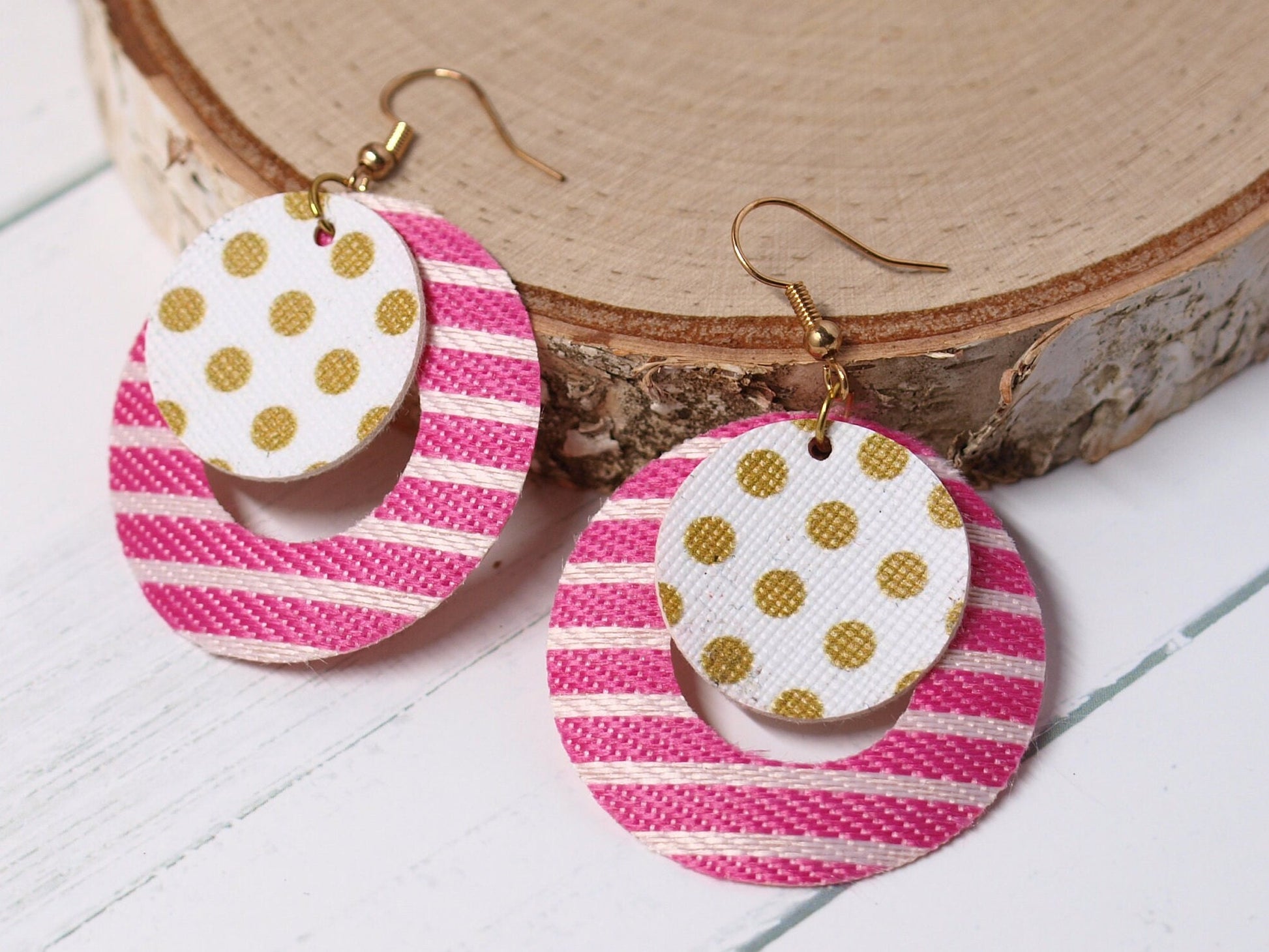 Pink Earrings Dangle, Pink Faux Leather, Polka Dot Jewelry, Faux Leather Jewelry, Christmas Gift for Girlfriend, Birthday Gift for Girl
