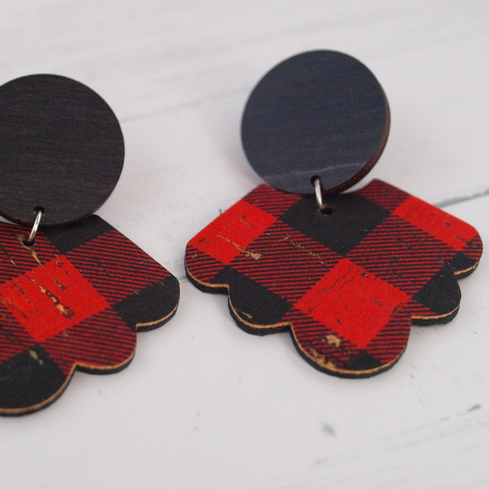 Buffalo Plaid Earrings, Red Buffalo Plaid, Lumberjack Jewelry for Women, Gingham Earrings, Rustic Gifts for Women, Leather and Wood Earrings