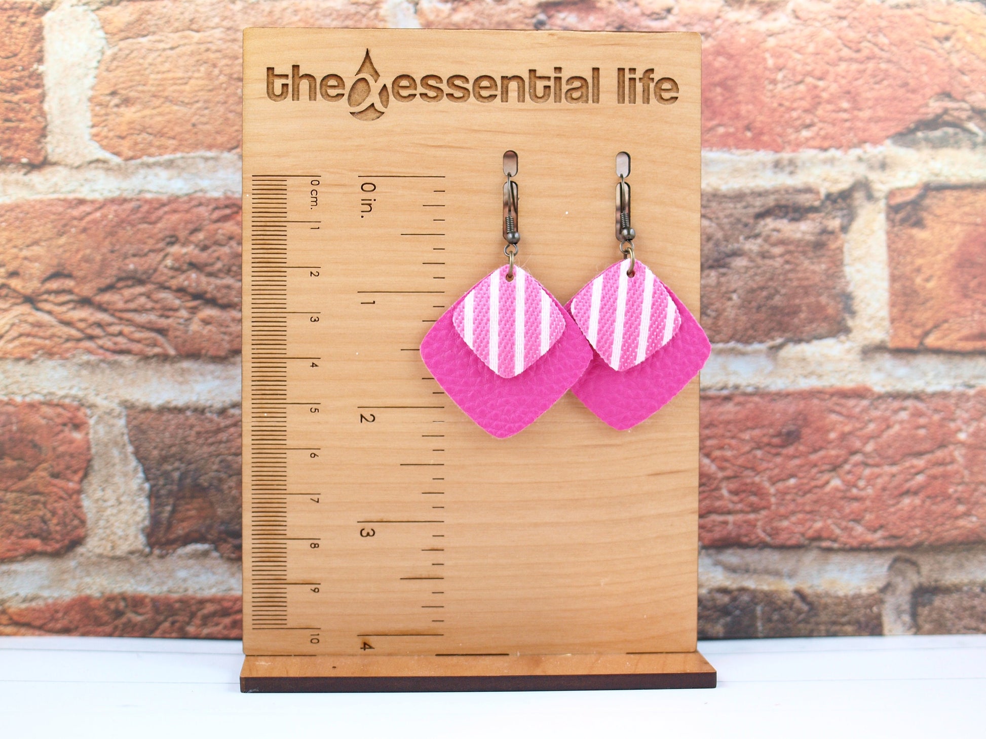 Pink Earrings Dangle, Pink Faux Leather, Striped Earrings, Vegan Leather Jewelry Christmas Gift for Girlfriend, Birthday Gift for Girl