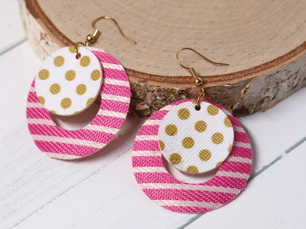 Pink Earrings Dangle, Pink Faux Leather, Polka Dot Jewelry, Faux Leather Jewelry, Christmas Gift for Girlfriend, Birthday Gift for Girl