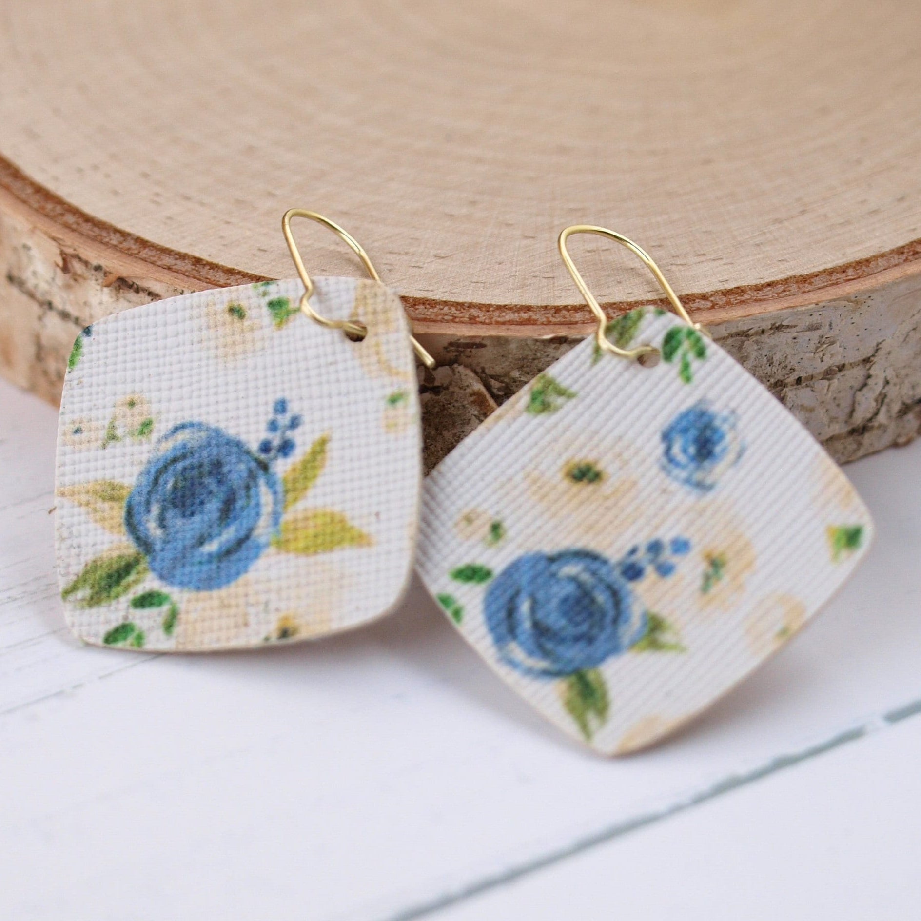 Blue and Cream Floral Faux Leather Diffuser Earrings