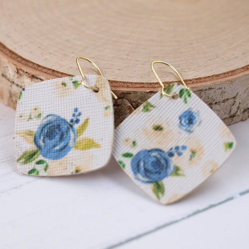 Blue and Cream Floral Faux Leather Diffuser Earrings