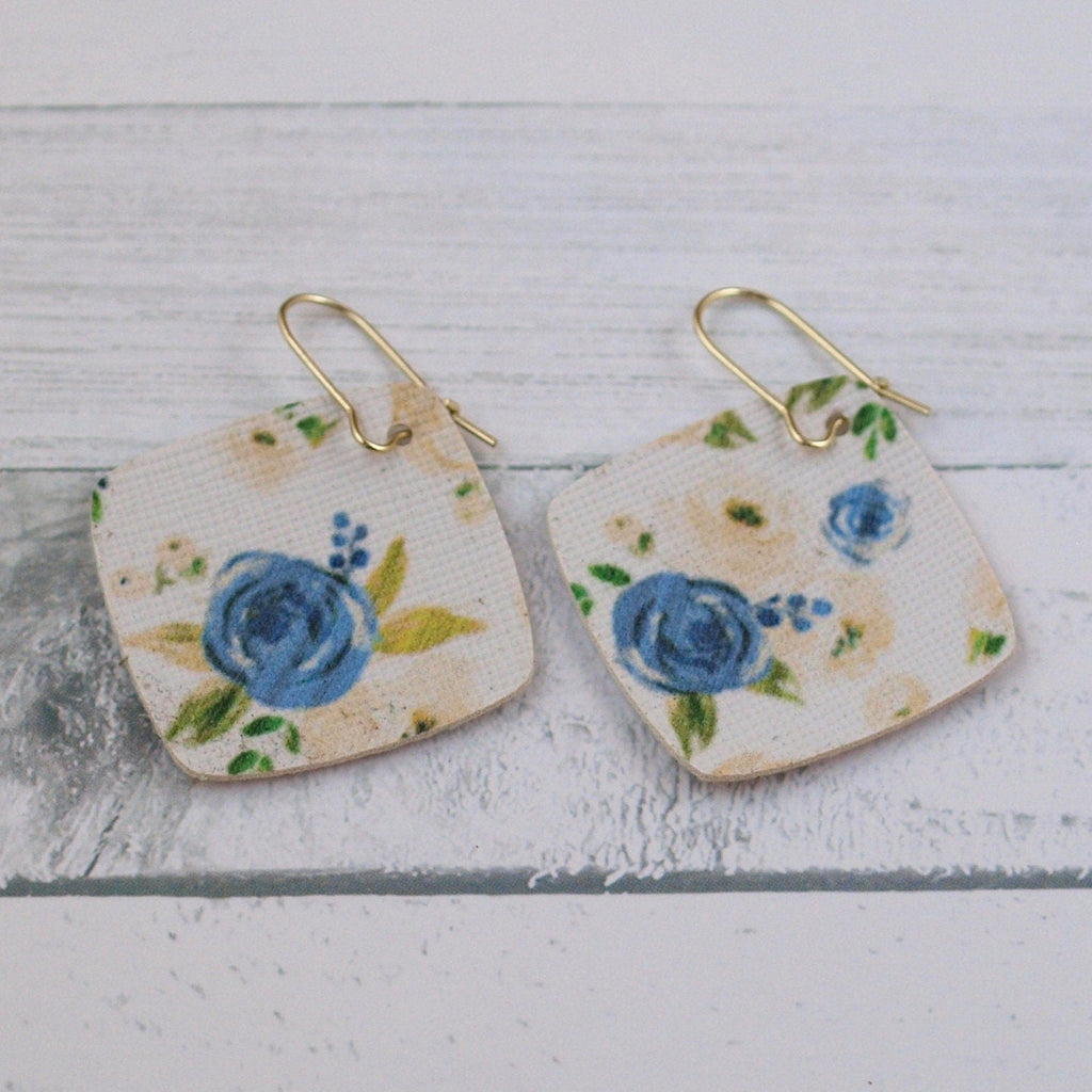Blue and Cream Floral Faux Leather Diffuser Earrings