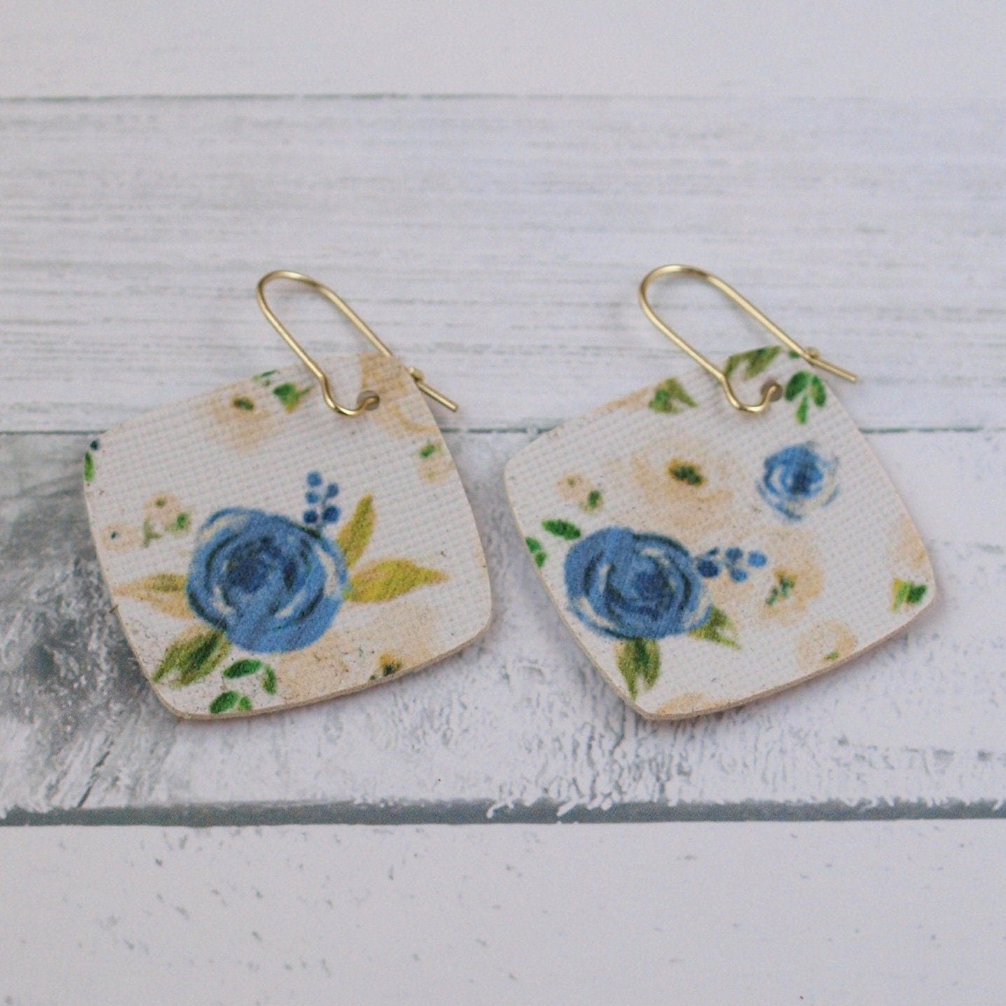 Blue and Cream Floral Faux Leather Diffuser Earrings