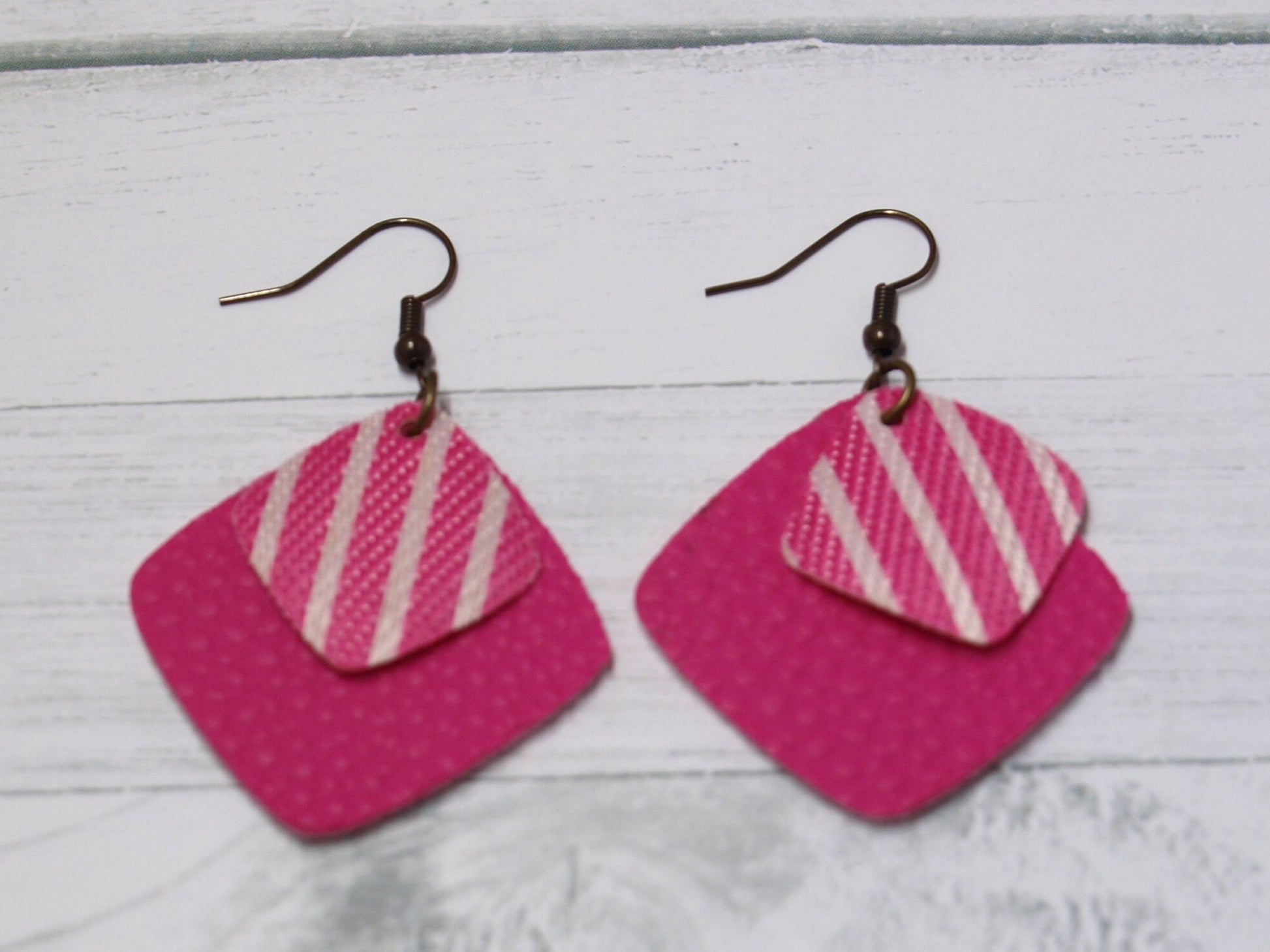 Pink Earrings Dangle, Pink Faux Leather, Striped Earrings, Vegan Leather Jewelry Christmas Gift for Girlfriend, Birthday Gift for Girl