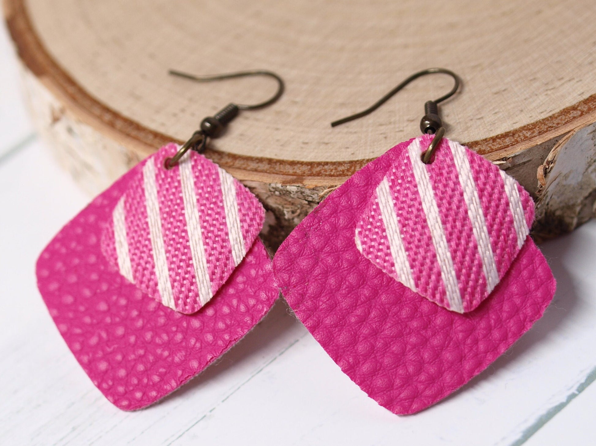 Pink Earrings Dangle, Pink Faux Leather, Striped Earrings, Vegan Leather Jewelry Christmas Gift for Girlfriend, Birthday Gift for Girl