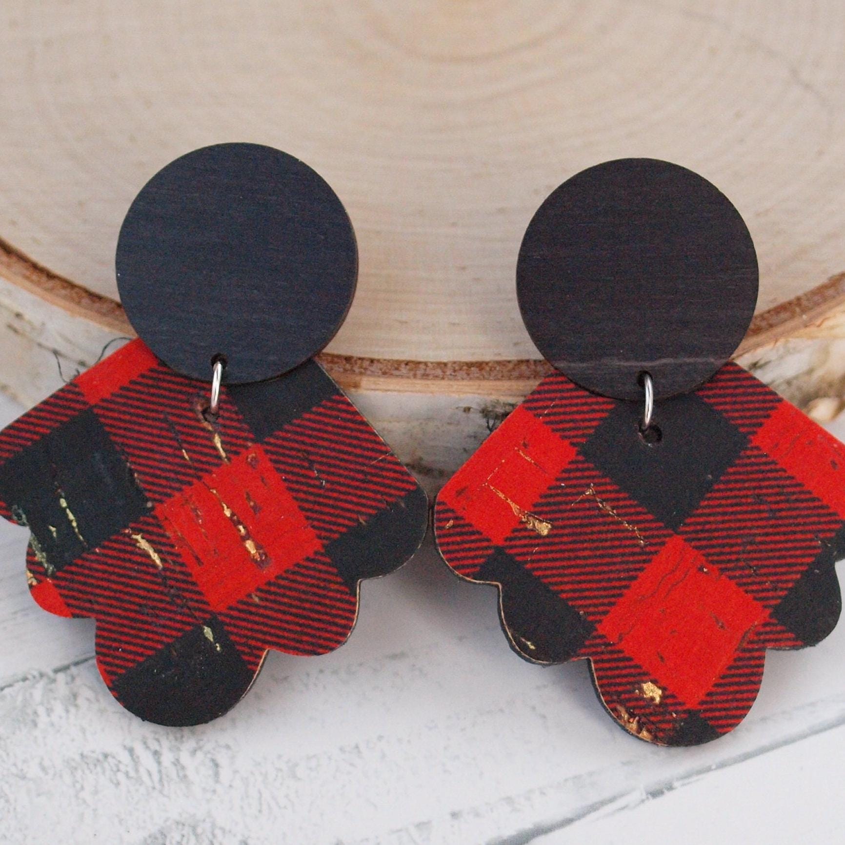 Buffalo Plaid Earrings, Red Buffalo Plaid, Lumberjack Jewelry for Women, Gingham Earrings, Rustic Gifts for Women, Leather and Wood Earrings