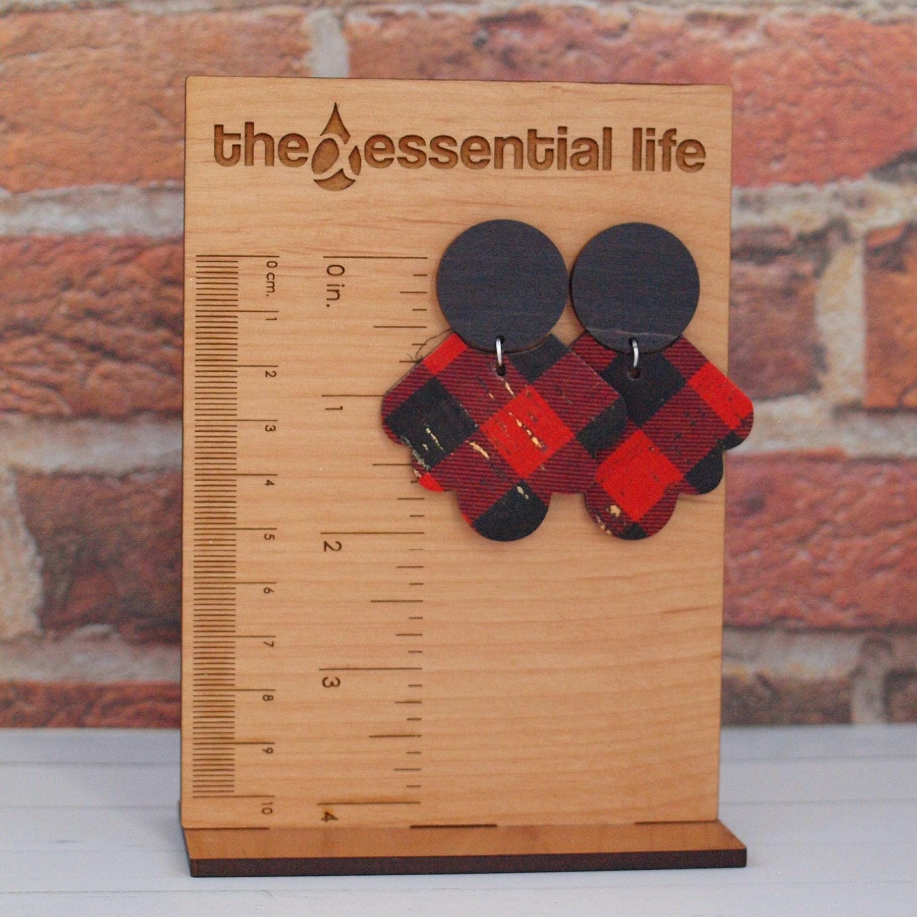 Buffalo Plaid Earrings, Red Buffalo Plaid, Lumberjack Jewelry for Women, Gingham Earrings, Rustic Gifts for Women, Leather and Wood Earrings
